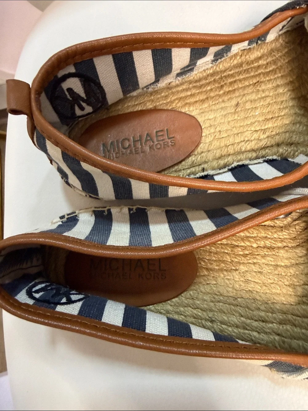 Michael Kors Navy & White Striped Espadrille Flats with Brown Trim